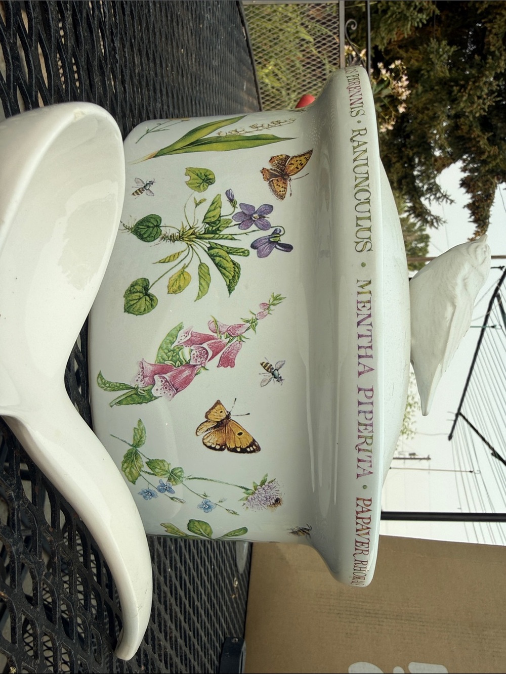 Decorative Botanical Ceramic Chamber Pot - White with Floral Motif